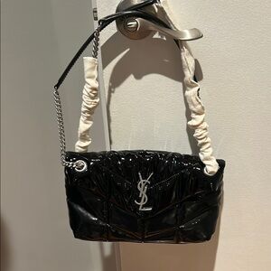 Yves Saint Laurent Black Crinkled Shoulder Bag with Chain Strap